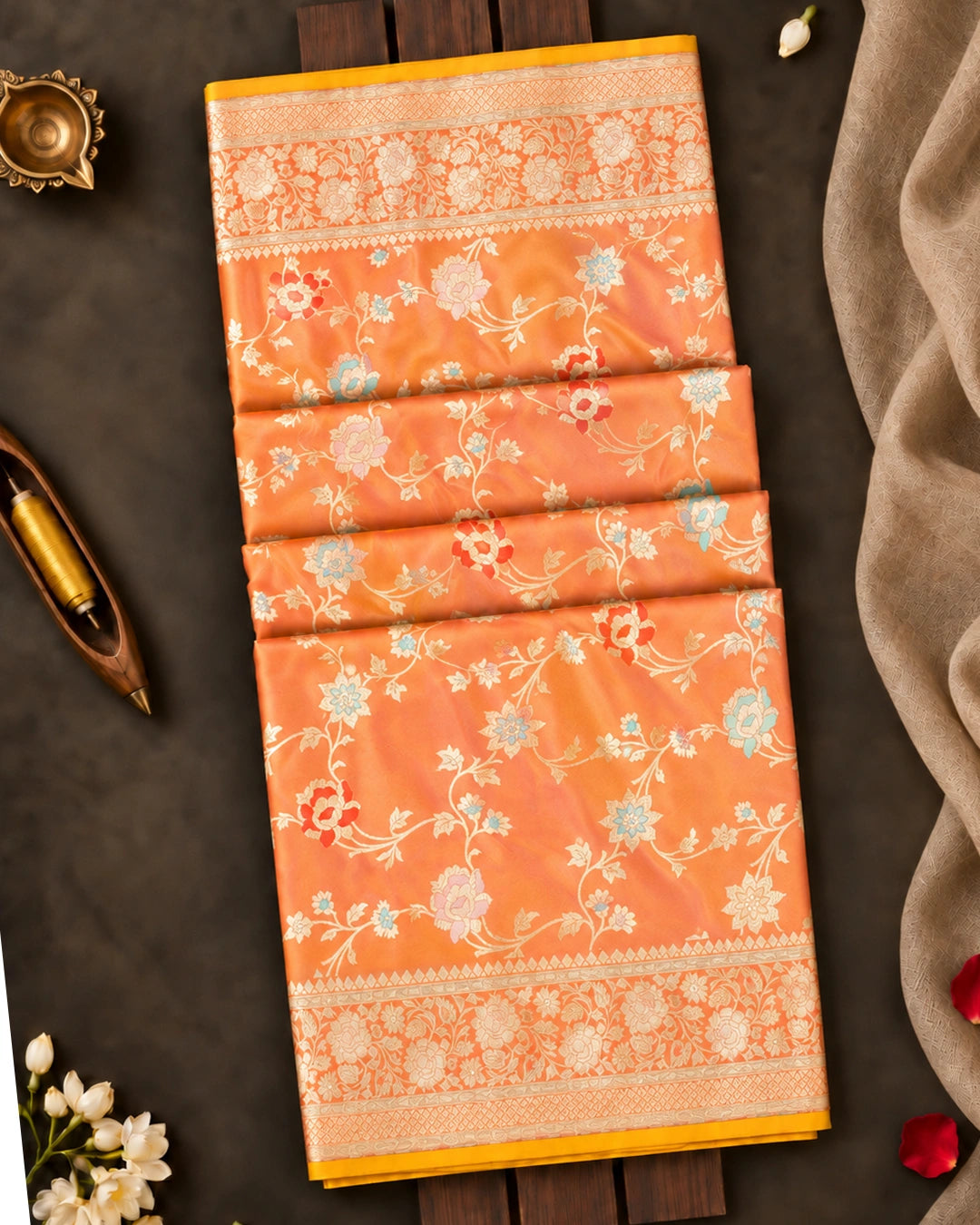 Coral Orange Dual Shade Pure Katan Saree Meenakari Weave