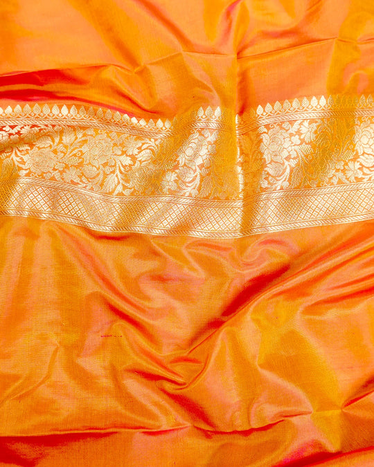 Coral Orange Dual Shade Pure Katan Saree Meenakari Weave