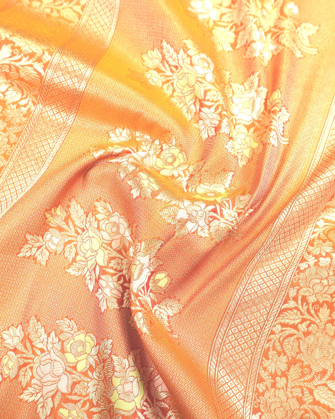 Coral Orange Dual Shade Pure Katan Saree Meenakari Weave