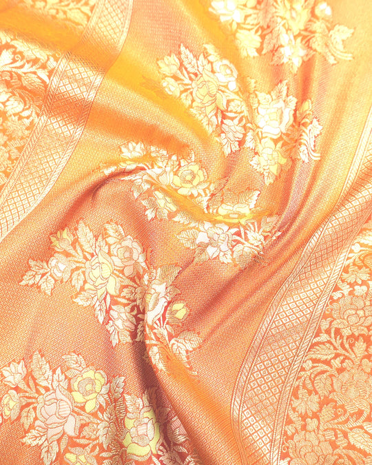 Coral Orange Dual Shade Pure Katan Saree Meenakari Weave