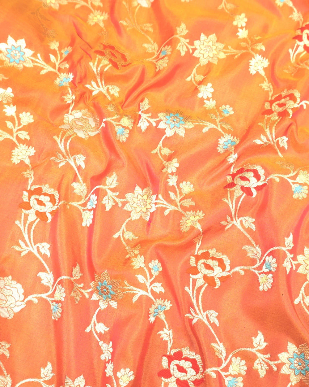 Coral Orange Dual Shade Pure Katan Saree Meenakari Weave