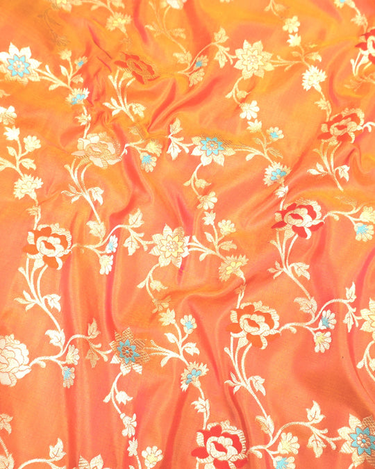 Coral Orange Dual Shade Pure Katan Saree Meenakari Weave