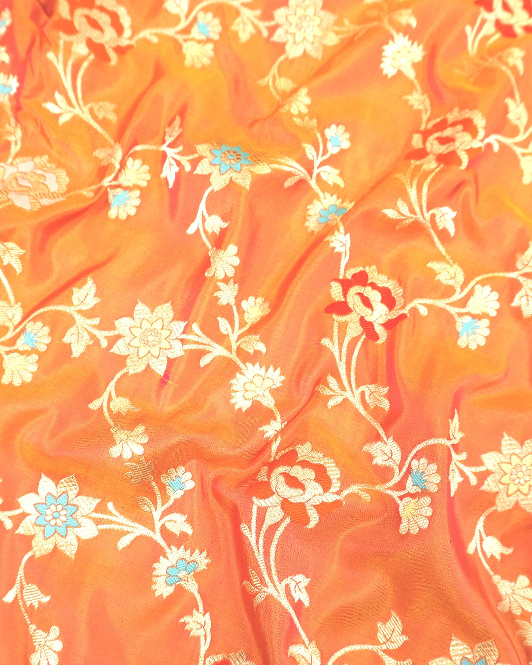 Coral Orange Dual Shade Pure Katan Saree Meenakari Weave