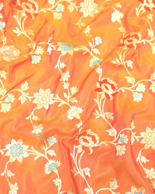 Coral Orange Dual Shade Pure Katan Saree Meenakari Weave
