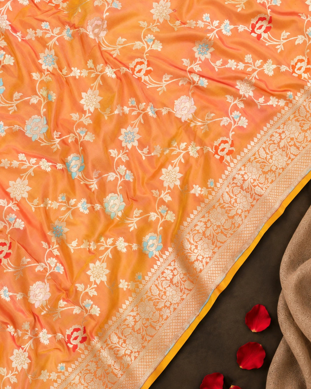 Coral Orange Dual Shade Pure Katan Saree Meenakari Weave