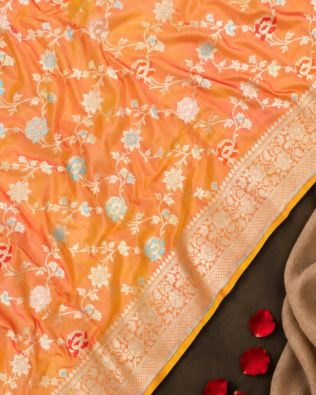 Coral Orange Dual Shade Pure Katan Saree Meenakari Weave