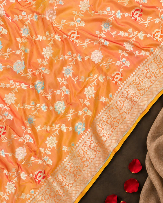 Coral Orange Dual Shade Pure Katan Saree Meenakari Weave