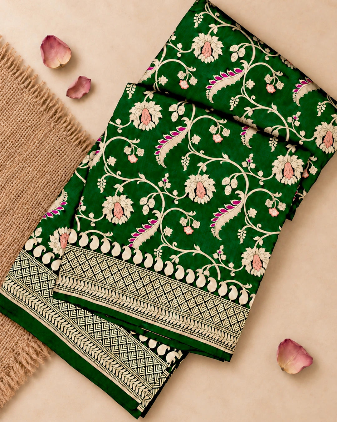 Forest Green Pure Katan Saree with Floral Meenakari Wine Jaal Weave