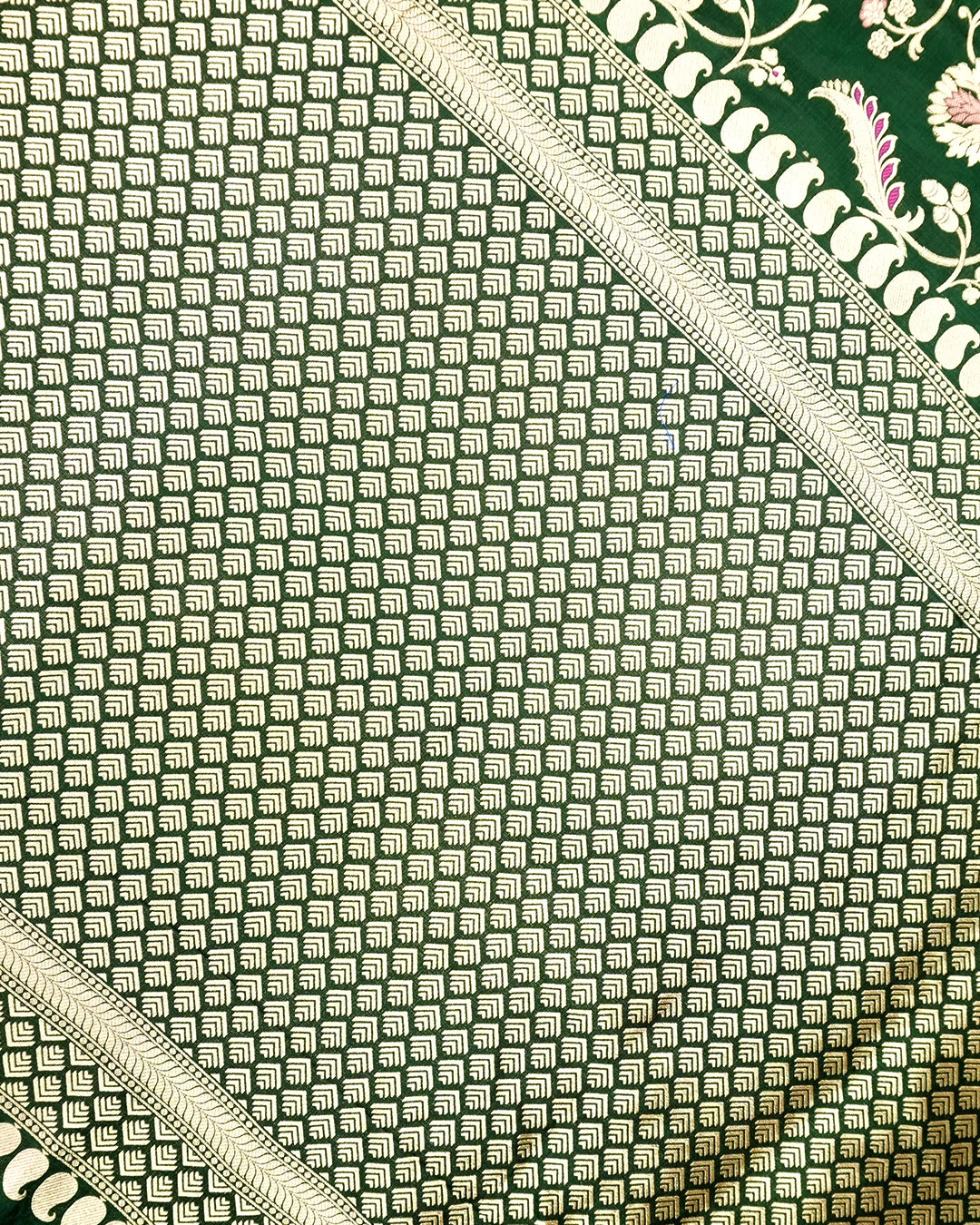 Forest Green Pure Katan Saree with Floral Meenakari Wine Jaal Weave
