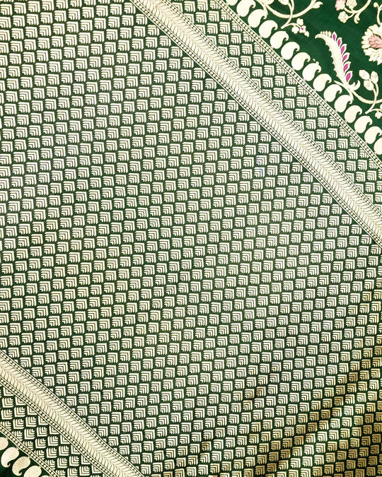 Forest Green Pure Katan Saree with Floral Meenakari Wine Jaal Weave