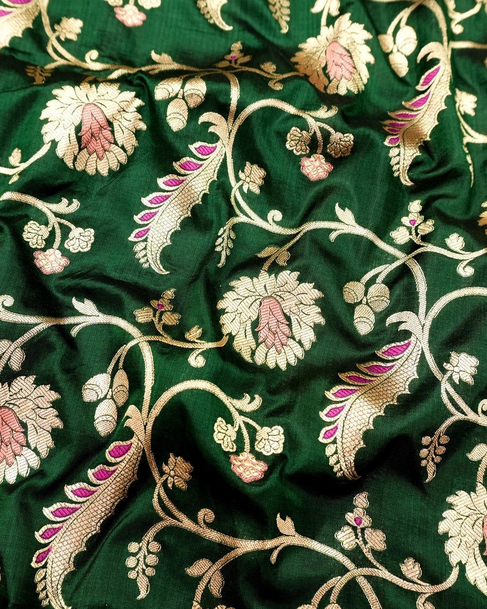 Forest Green Pure Katan Saree with Floral Meenakari Wine Jaal Weave