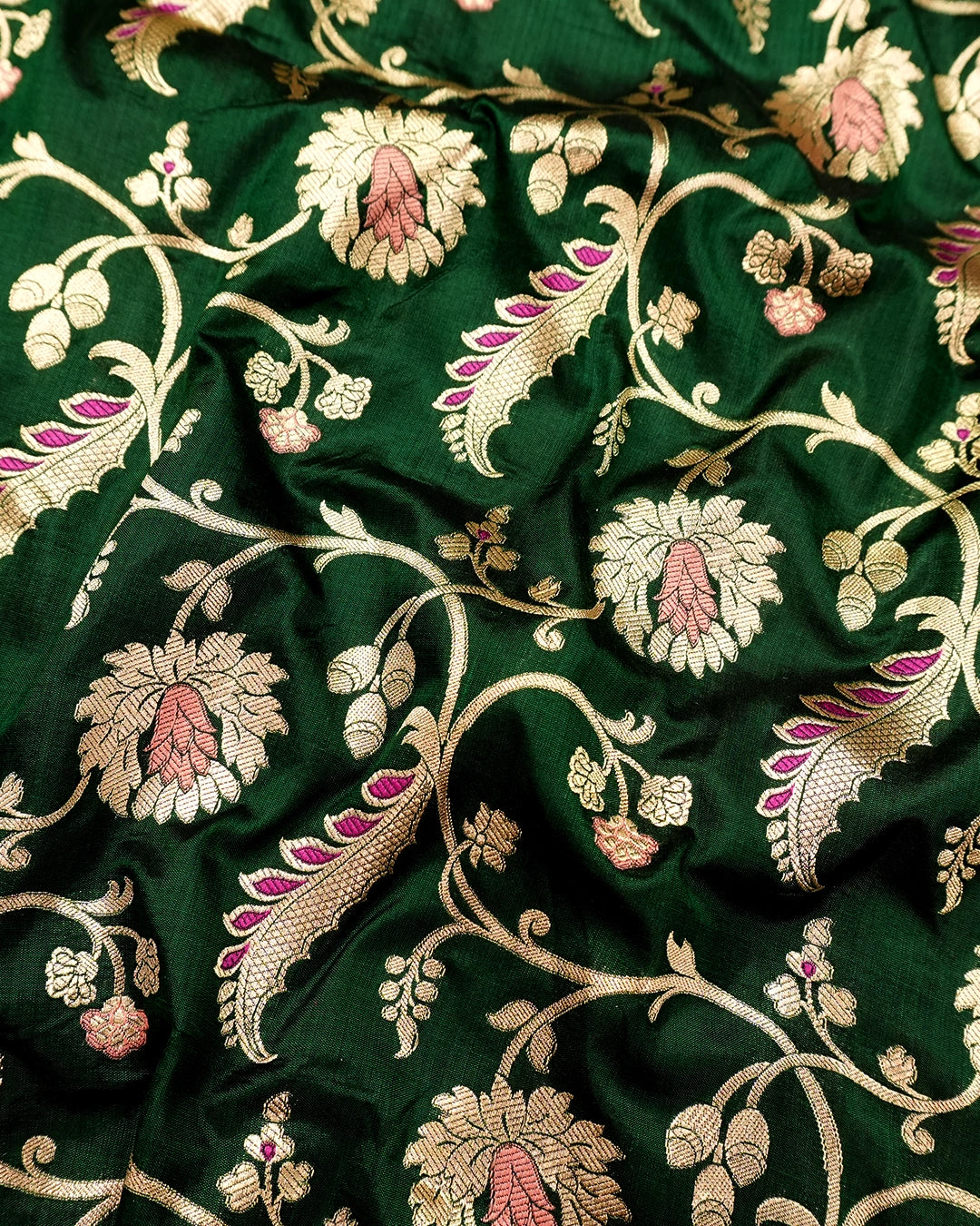 Forest Green Pure Katan Saree with Floral Meenakari Wine Jaal Weave