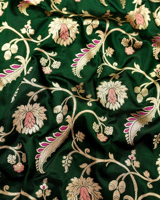 Forest Green Pure Katan Saree with Floral Meenakari Wine Jaal Weave