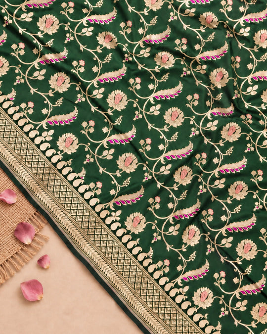 Forest Green Pure Katan Saree with Floral Meenakari Wine Jaal Weave