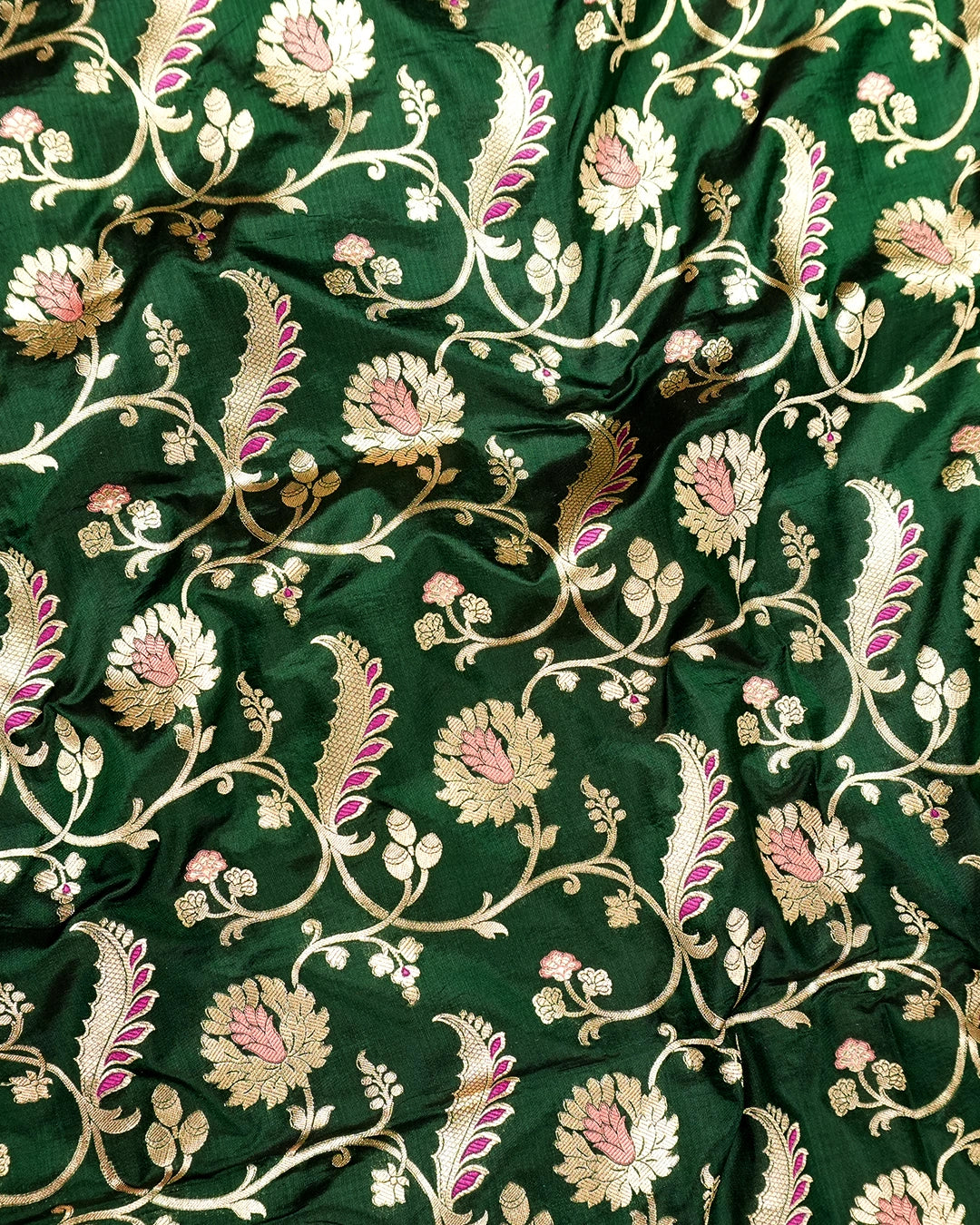 Forest Green Pure Katan Saree with Floral Meenakari Wine Jaal Weave