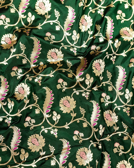 Forest Green Pure Katan Saree with Floral Meenakari Wine Jaal Weave
