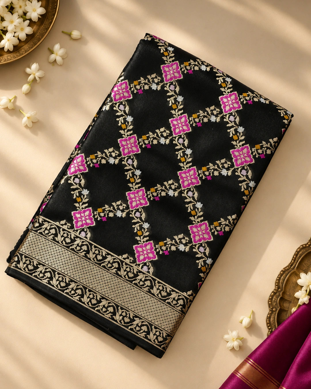 Black Pure Banarasi Saree with Intricate Diamond Weave