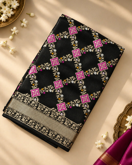 Black Pure Banarasi Saree with Intricate Diamond Weave