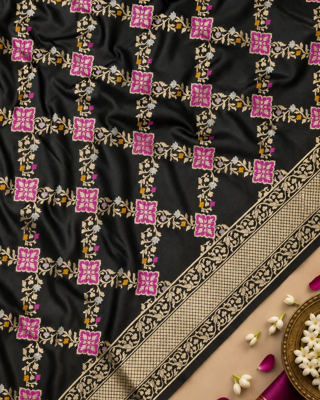 Black Pure Banarasi Saree with Intricate Diamond Weave