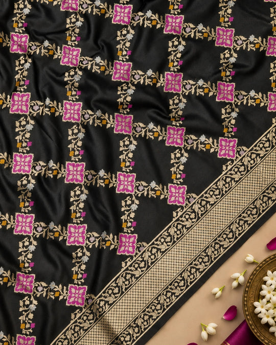 Black Pure Banarasi Saree with Intricate Diamond Weave