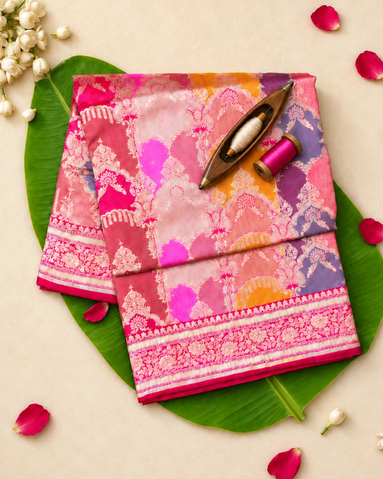Fuchsia Rangkat Pure Katan Saree with Mughal-Inspired Motif Weaves