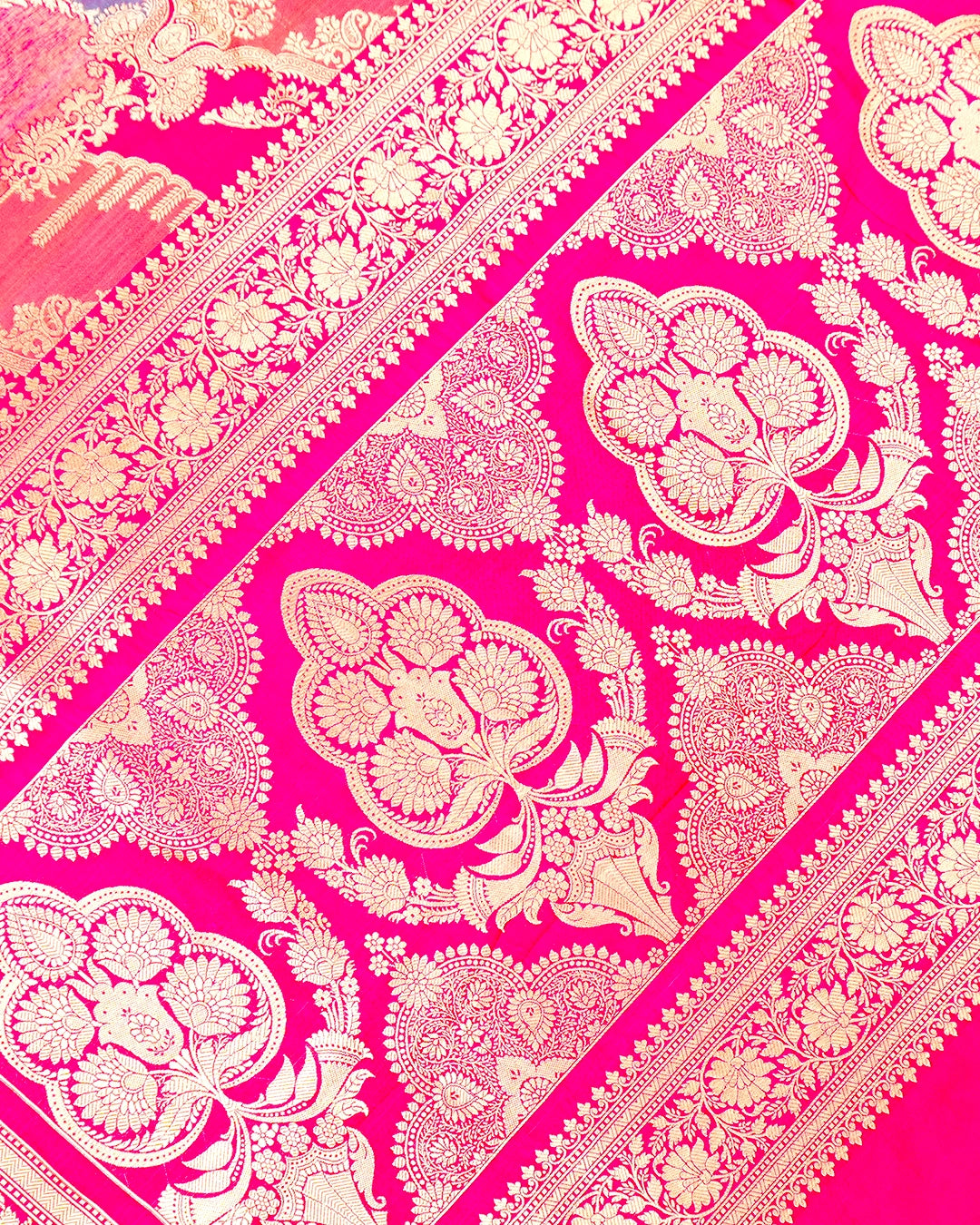 Fuchsia Rangkat Pure Katan Saree with Mughal-Inspired Motif Weaves