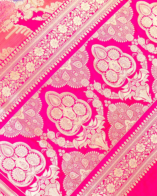 Fuchsia Rangkat Pure Katan Saree with Mughal-Inspired Motif Weaves