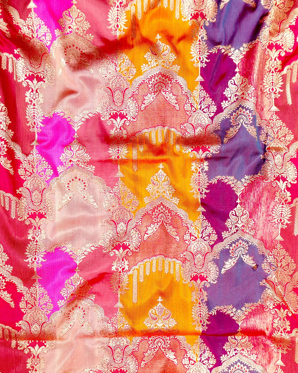 Fuchsia Rangkat Pure Katan Saree with Mughal-Inspired Motif Weaves