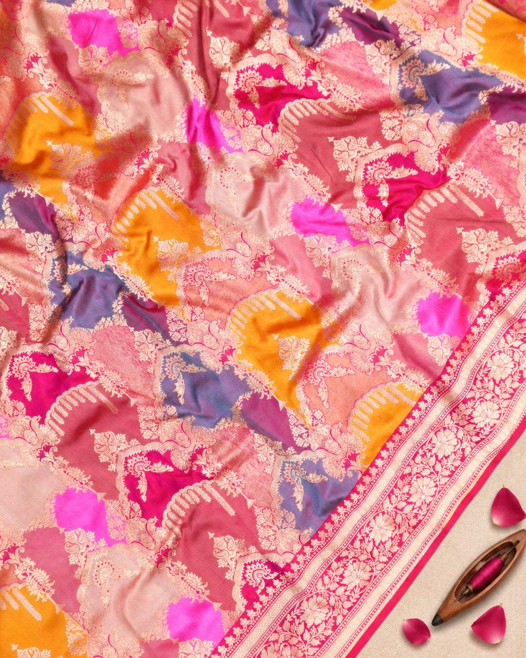Fuchsia Rangkat Pure Katan Saree with Mughal-Inspired Motif Weaves