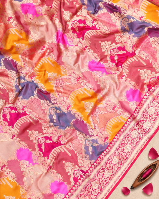 Fuchsia Rangkat Pure Katan Saree with Mughal-Inspired Motif Weaves