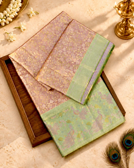 Lilac Pure Kanjivaram Saree with Floral Jaal Weaves & Pastel Green Zari Border