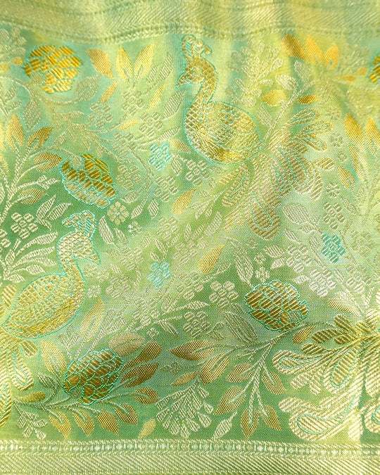 Lilac Pure Kanjivaram Saree with Floral Jaal Weaves & Pastel Green Zari Border