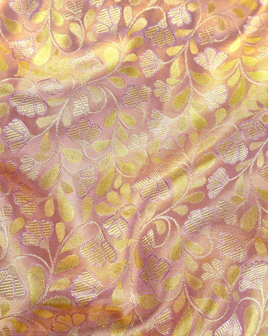 Lilac Pure Kanjivaram Saree with Floral Jaal Weaves & Pastel Green Zari Border