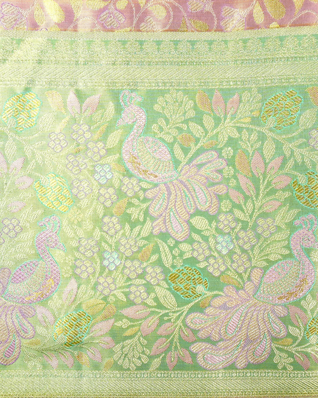 Lilac Pure Kanjivaram Saree with Floral Jaal Weaves & Pastel Green Zari Border