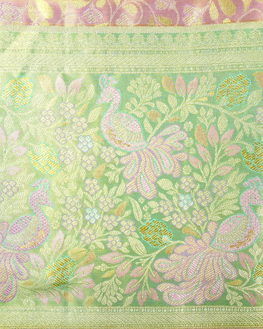 Lilac Pure Kanjivaram Saree with Floral Jaal Weaves & Pastel Green Zari Border