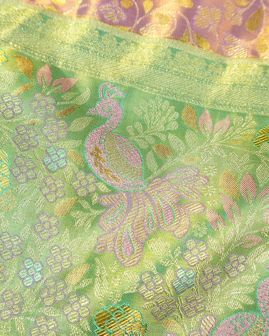 Lilac Pure Kanjivaram Saree with Floral Jaal Weaves & Pastel Green Zari Border