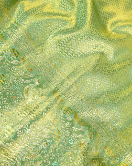 Lilac Pure Kanjivaram Saree with Floral Jaal Weaves & Pastel Green Zari Border