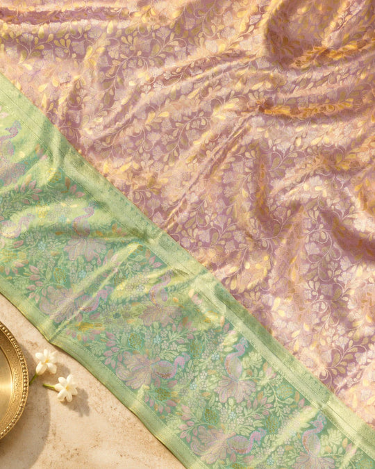 Lilac Pure Kanjivaram Saree with Floral Jaal Weaves & Pastel Green Zari Border
