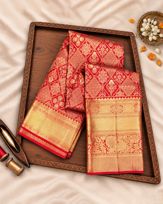 Red Pure Kanjivaram Saree with Diamond Floral Jaal Weaves & Grand Broad Border