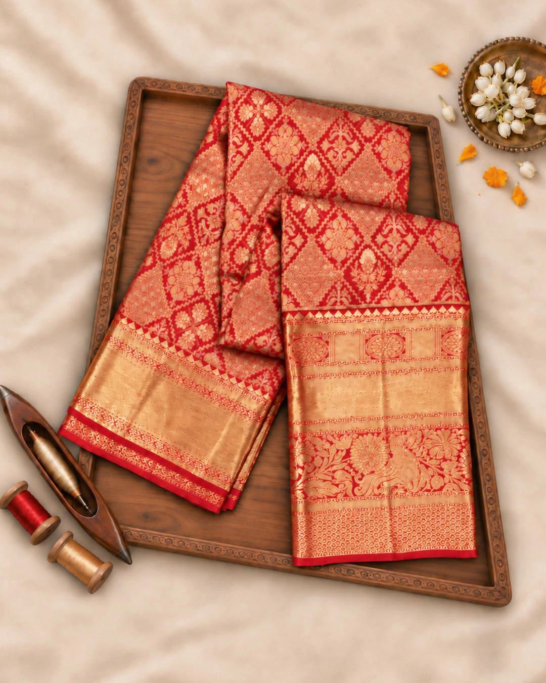 Red Pure Kanjivaram Saree with Diamond Floral Jaal Weaves & Grand Broad Border