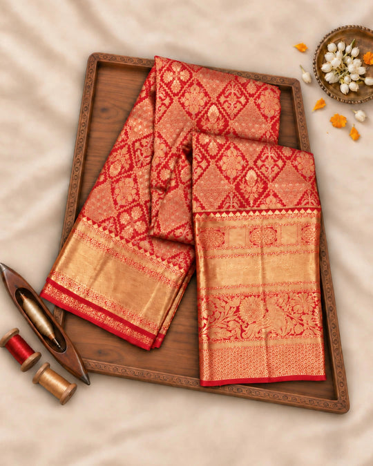Red Pure Kanjivaram Saree with Diamond Floral Jaal Weaves & Grand Broad Border