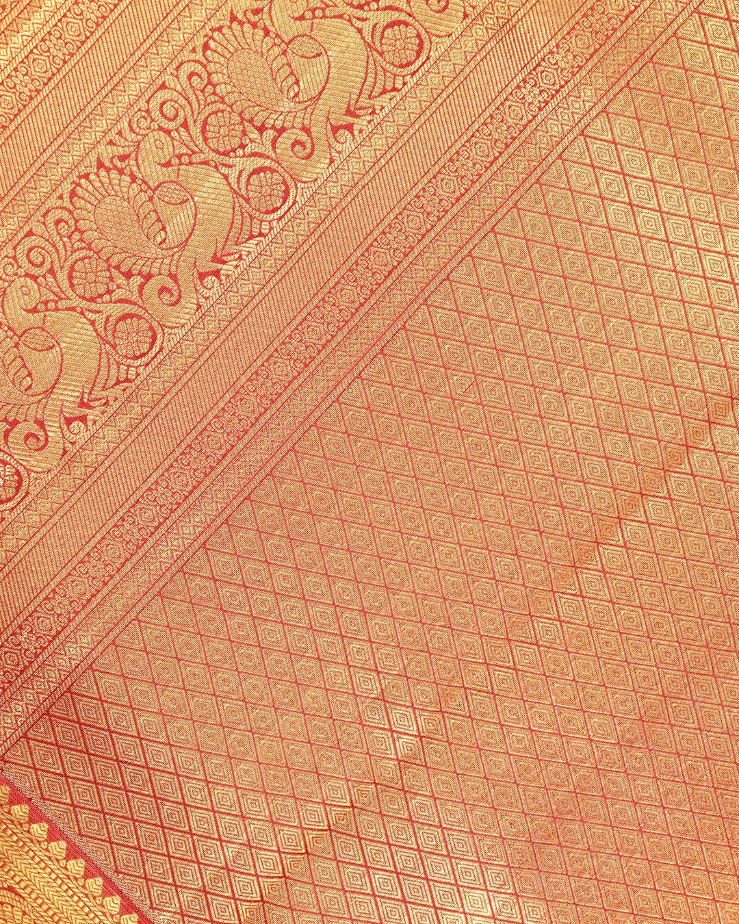 Red Pure Kanjivaram Saree with Diamond Floral Jaal Weaves & Grand Broad Border