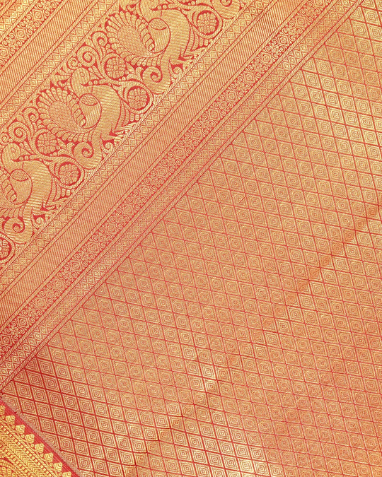 Red Pure Kanjivaram Saree with Diamond Floral Jaal Weaves & Grand Broad Border