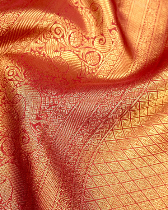 Red Pure Kanjivaram Saree with Diamond Floral Jaal Weaves & Grand Broad Border