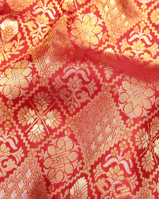 Red Pure Kanjivaram Saree with Diamond Floral Jaal Weaves & Grand Broad Border
