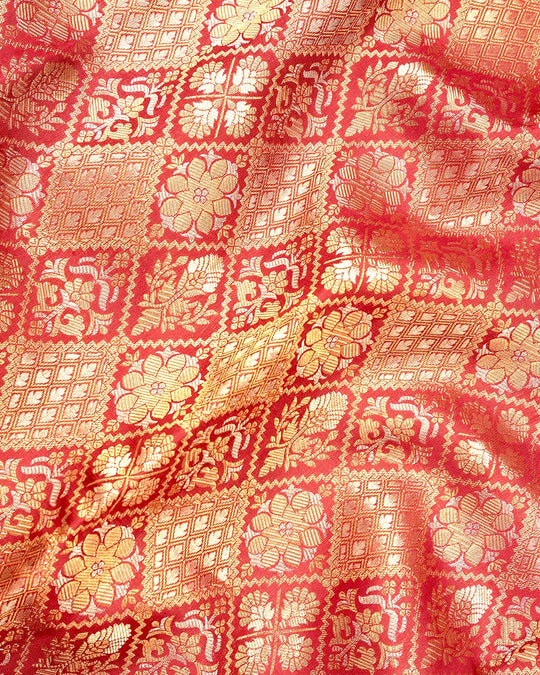 Red Pure Kanjivaram Saree with Diamond Floral Jaal Weaves & Grand Broad Border