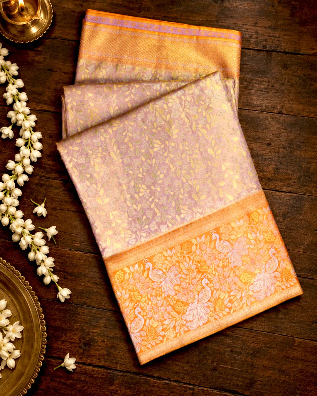 Lilac Pure Kanjivaram Saree with Floral Vine Jaal with Orange Contrast Border
