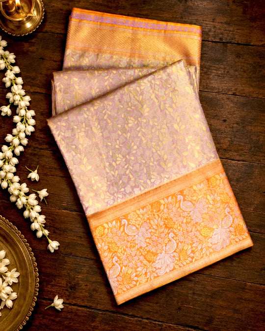 Lilac Pure Kanjivaram Saree with Floral Vine Jaal with Orange Contrast Border