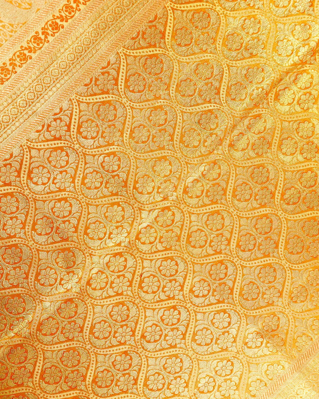 Lilac Pure Kanjivaram Saree with Floral Vine Jaal with Orange Contrast Border