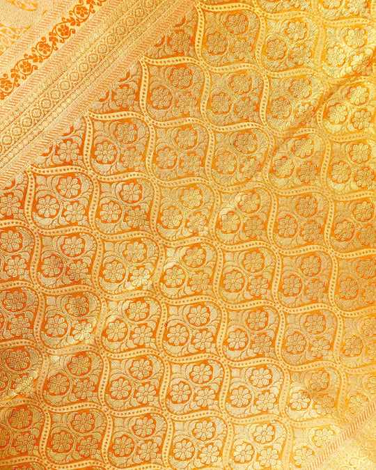 Lilac Pure Kanjivaram Saree with Floral Vine Jaal with Orange Contrast Border